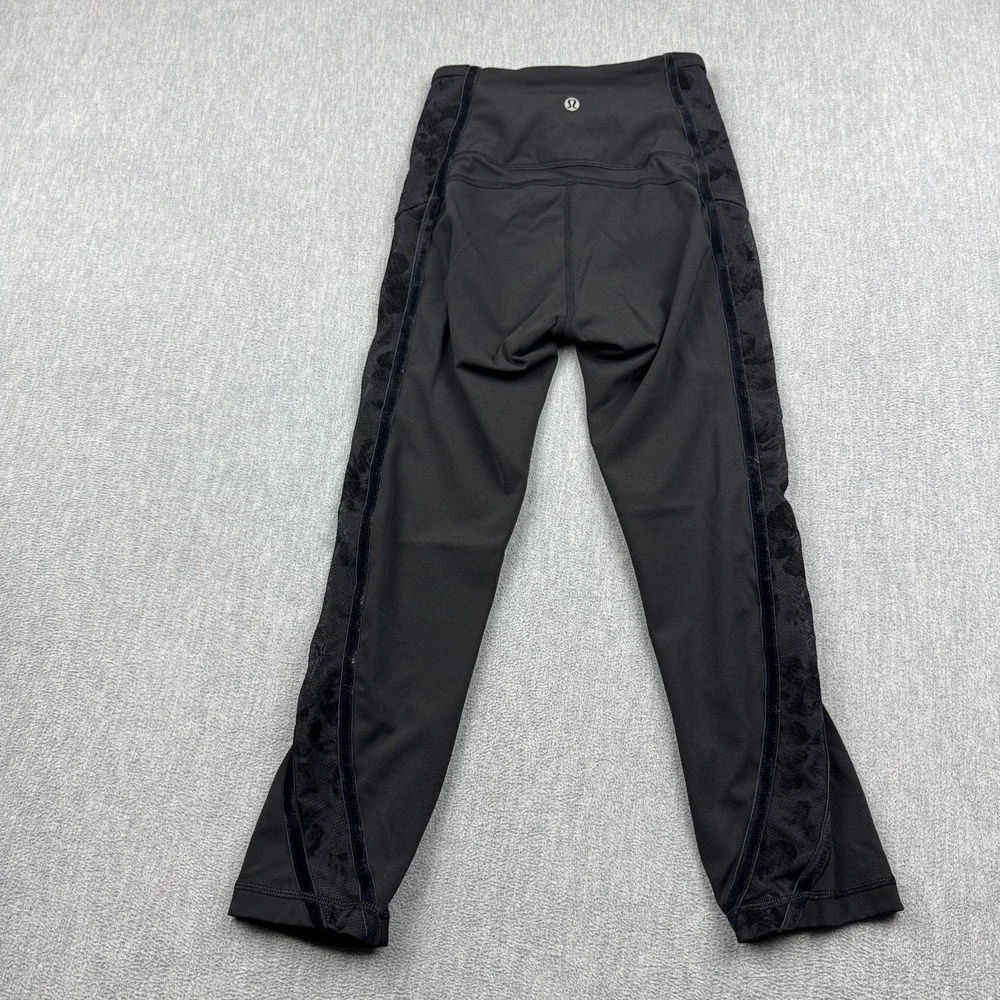 Lululemon Leggings Womens 2 Black Velvet Wunder Under Crop High-Rise Flocked Gym